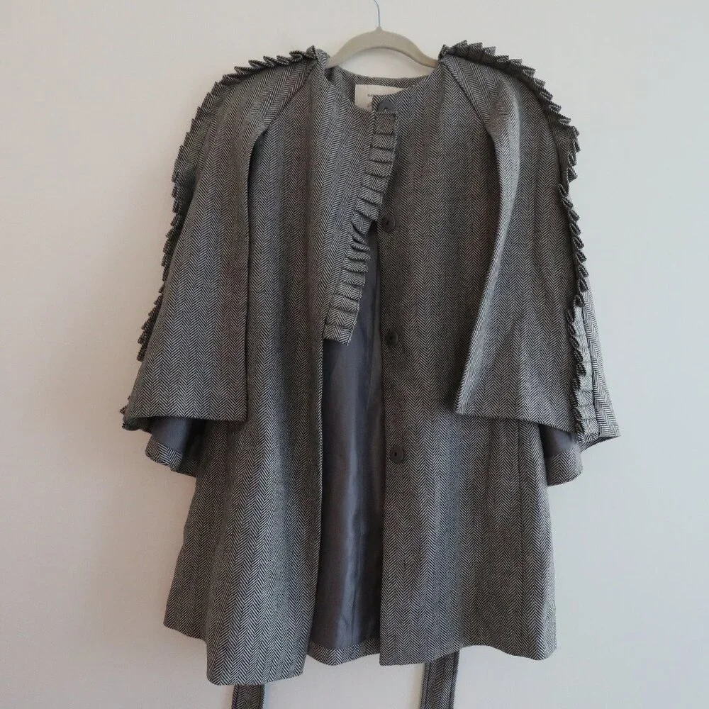 BANANA REPUBLIC X OLIVIA PALERMO Herringbone Ruffle Cape Academia Wool Blend XS - Picture 3 of 16